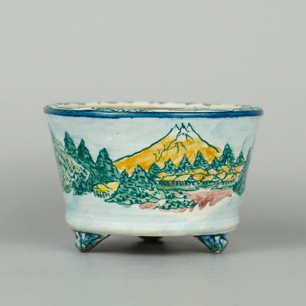 盆栽鉢 陶翠 陶翠筆 小鉢 長辺 約8.2cm 丸鉢 色絵 山水図 観賞用  新品