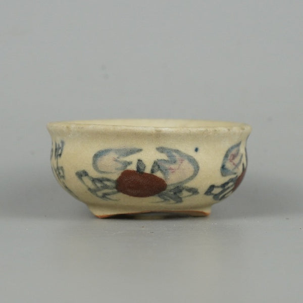 中古盆栽鉢 是好 矩 小鉢 長辺 6.8cm 丸鉢 色絵 蟹 カニ 観賞用  中古鉢 b1115607947