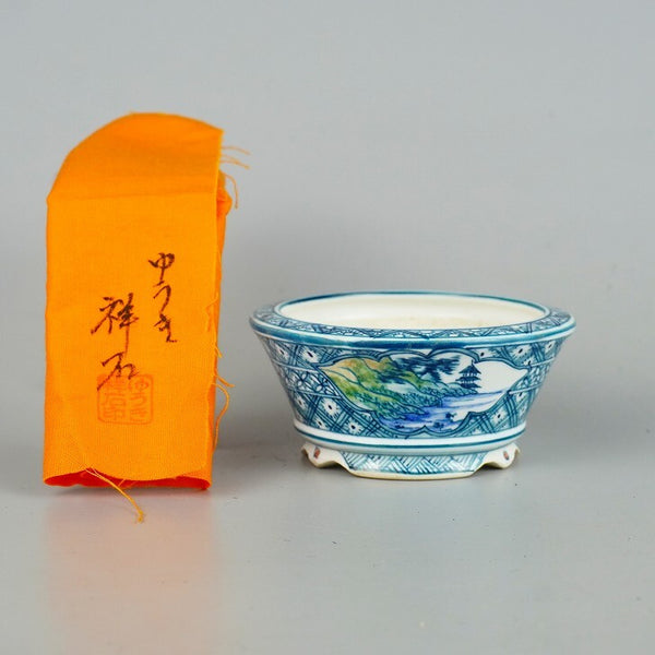 中古盆栽鉢 ゆうき祥石 小鉢 長辺 約 10cm 丸鉢 色絵 山水図 布付  中古鉢 m1130483107