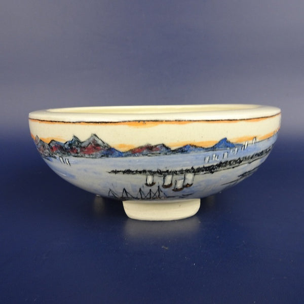 盆栽鉢 蝉山 小型 長辺 約 13.2cm 丸鉢 色絵 風景 辻尻 舟 山 花 植物 観賞用  新品 o1132121595