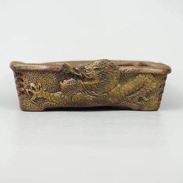 盆栽鉢 嵐山 谷嵐山 六楽窯 小型 長辺 約 14cm 長方鉢 浮彫 龍 蜻蛉図 籠目 リュウ トンボ 観賞用  新品 j1133772896