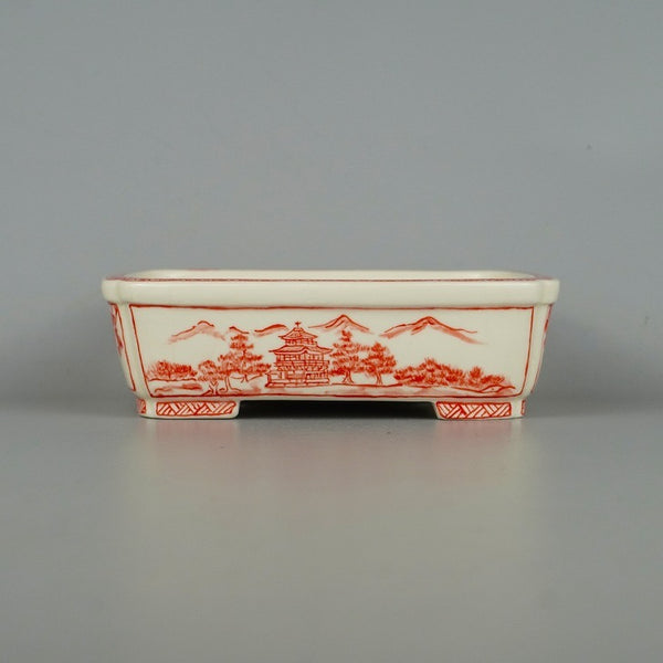 中古盆栽鉢 ゆうき祥石ボデー 高山画 小型 長辺 約14.5cm 長方鉢 隅入 赤絵 山水図 観賞用  中古鉢 q1140299487