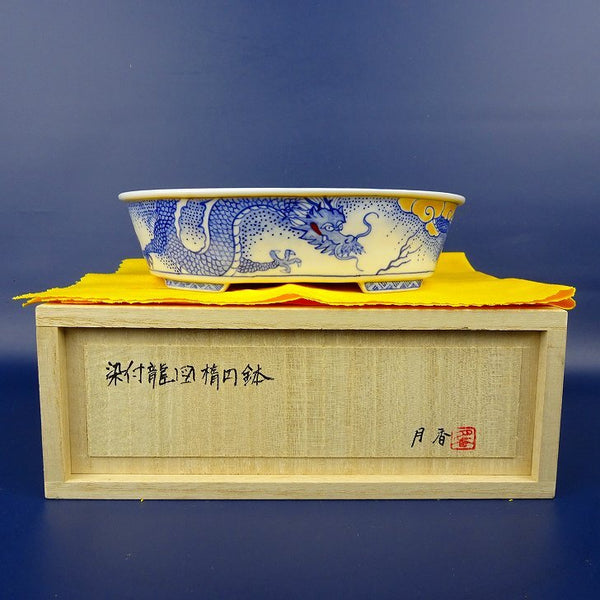 盆栽鉢 月香 小型 長辺 約16.5cm 楕円鉢 染付 龍図 竜 リュウ 共箱 共布 観賞用  新品 v1140566183