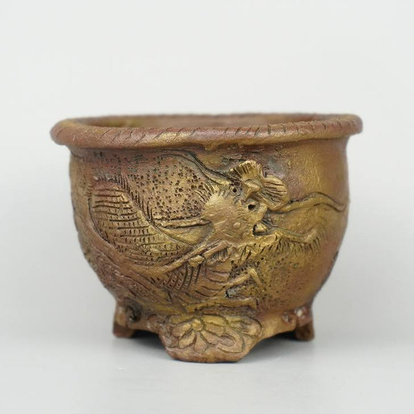 盆栽鉢 嵐山 谷嵐山 小鉢 長辺 約8cm 丸鉢 浮彫 龍図 籠目 観賞用  新品 r1140909868