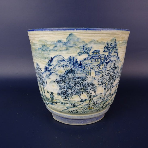 中古盆栽鉢 陶翠 小型 長辺 約12cm 丸鉢 染付 風景画 観賞用  中古鉢 c1154359496