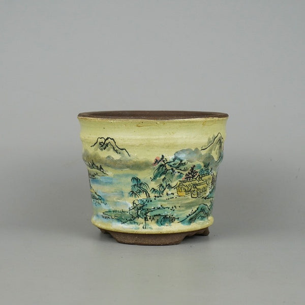 中古盆栽鉢 陶翠 小型 長辺 約11.2cm 丸鉢 色絵 春景 山水図 観賞用  中古鉢 d1159065061