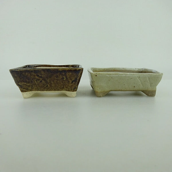 盆栽鉢 ゆうき祥石 2点セット 小鉢 長辺 約8cm 長方鉢 茶 白 釉薬  新品 b1162575953