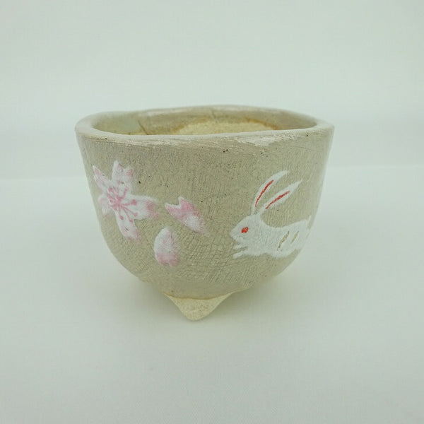 盆栽鉢 ゆうき祥石 小鉢 長辺 約7cm 丸鉢 プリント 絵鉢 桜 サクラ さくら 兎 ウサギ うさぎ 釉薬 観賞用  新品 g1164290452