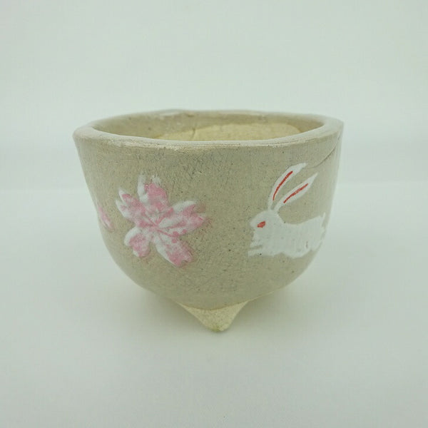 盆栽鉢 ゆうき祥石 小鉢 長辺 約7.2cm 丸鉢 プリント 絵鉢 桜 サクラ さくら 兎 ウサギ うさぎ 釉薬 観賞用  新品 h1164284183