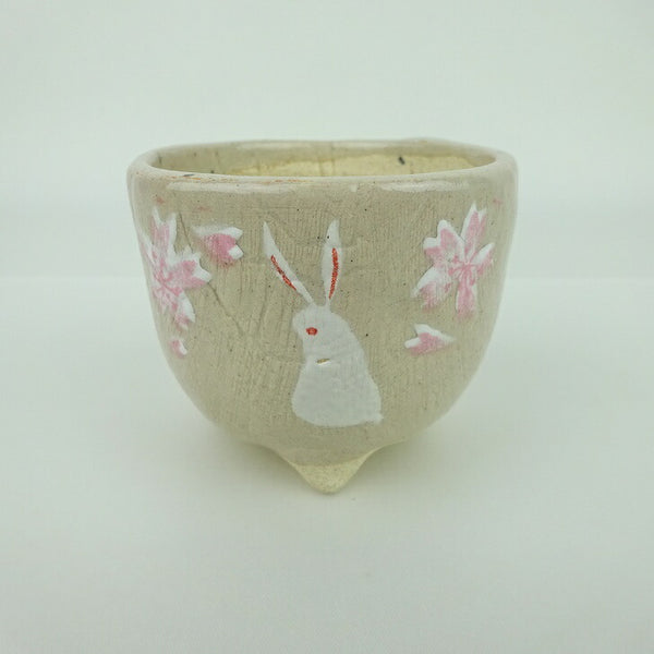 盆栽鉢 ゆうき祥石 小鉢 長辺 約7cm 丸鉢 プリント 絵鉢 桜 サクラ さくら 兎 ウサギ うさぎ 釉薬 観賞用  新品 r1164257594